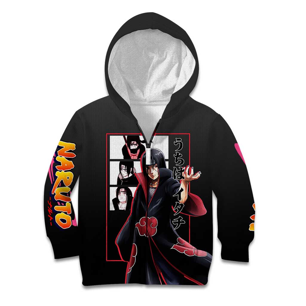 Itachi Uchiha Naruto Kid Hoodie with Sharingan Eyes and Mysterious Ninja Pose Design - The Mazicc