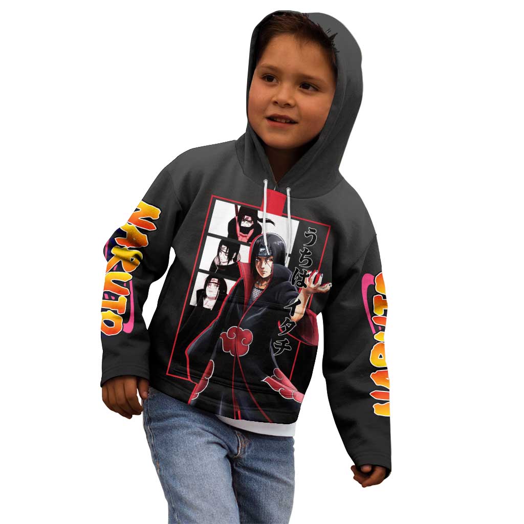 Itachi Uchiha Naruto Kid Hoodie with Sharingan Eyes and Mysterious Ninja Pose Design - The Mazicc