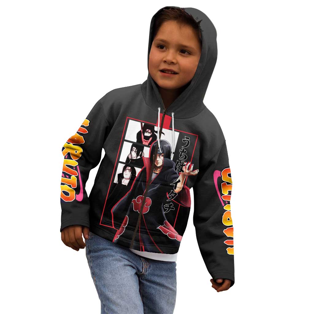 Itachi Uchiha Naruto Kid Hoodie with Sharingan Eyes and Mysterious Ninja Pose Design - The Mazicc
