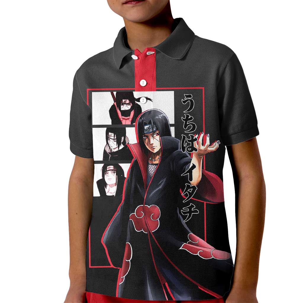 Itachi Uchiha Naruto Kid Polo Shirt with Sharingan Eyes and Mysterious Ninja Pose Design - The Mazicc
