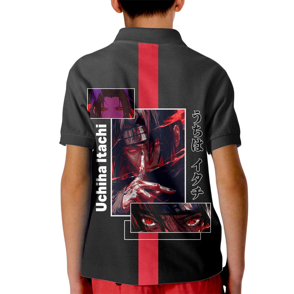Itachi Uchiha Naruto Kid Polo Shirt with Sharingan Eyes and Mysterious Ninja Pose Design - The Mazicc