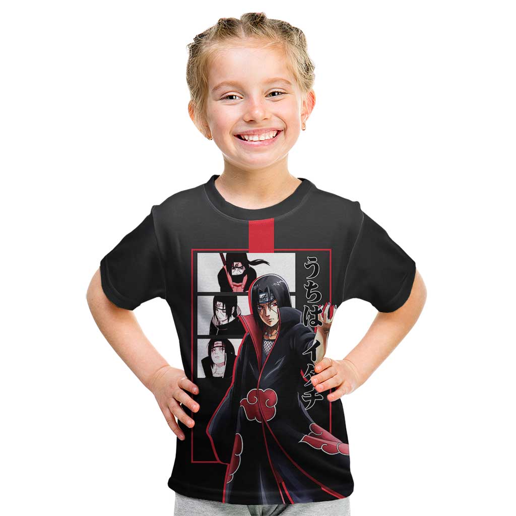Itachi Uchiha Naruto Kid T Shirt with Sharingan Eyes and Mysterious Ninja Pose Design - The Mazicc