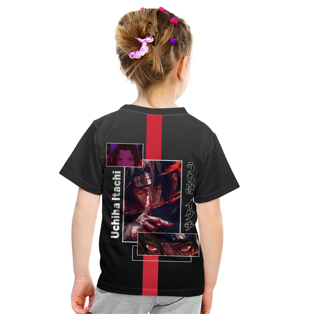 Itachi Uchiha Naruto Kid T Shirt with Sharingan Eyes and Mysterious Ninja Pose Design - The Mazicc