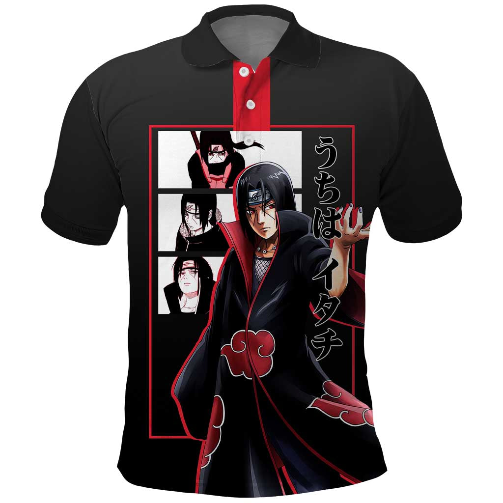 Itachi Uchiha Naruto Polo Shirt with Sharingan Eyes and Mysterious Ninja Pose Design - The Mazicc