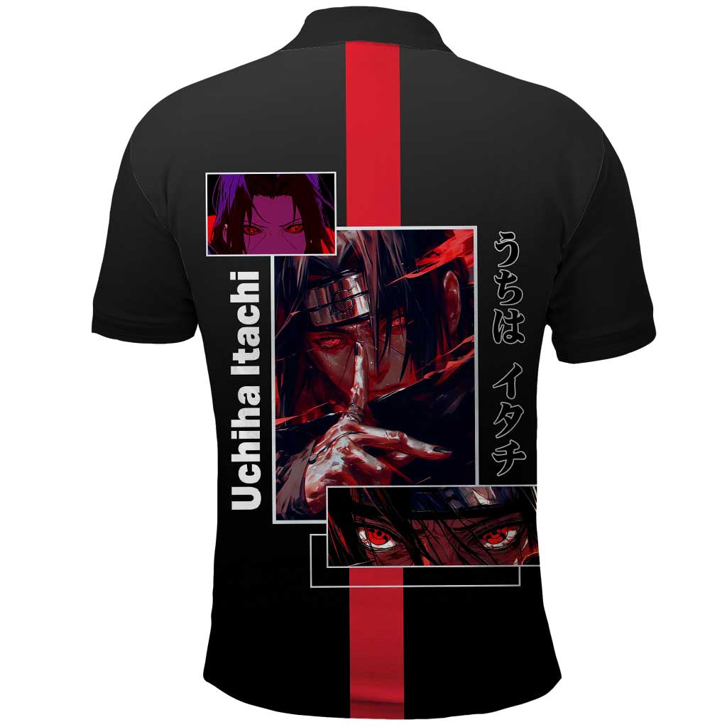 Itachi Uchiha Naruto Polo Shirt with Sharingan Eyes and Mysterious Ninja Pose Design - The Mazicc