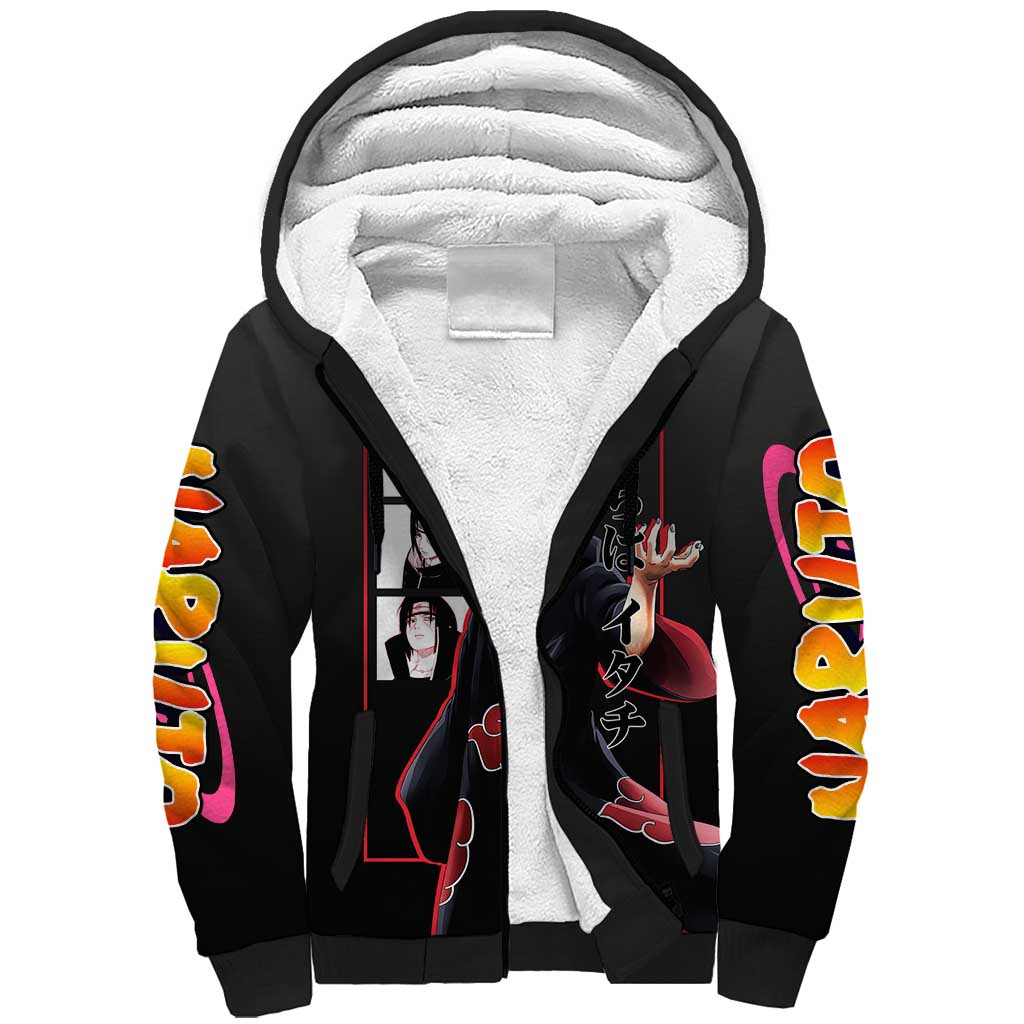 Itachi Uchiha Naruto Sherpa Hoodie with Sharingan Eyes and Mysterious Ninja Pose Design - The Mazicc