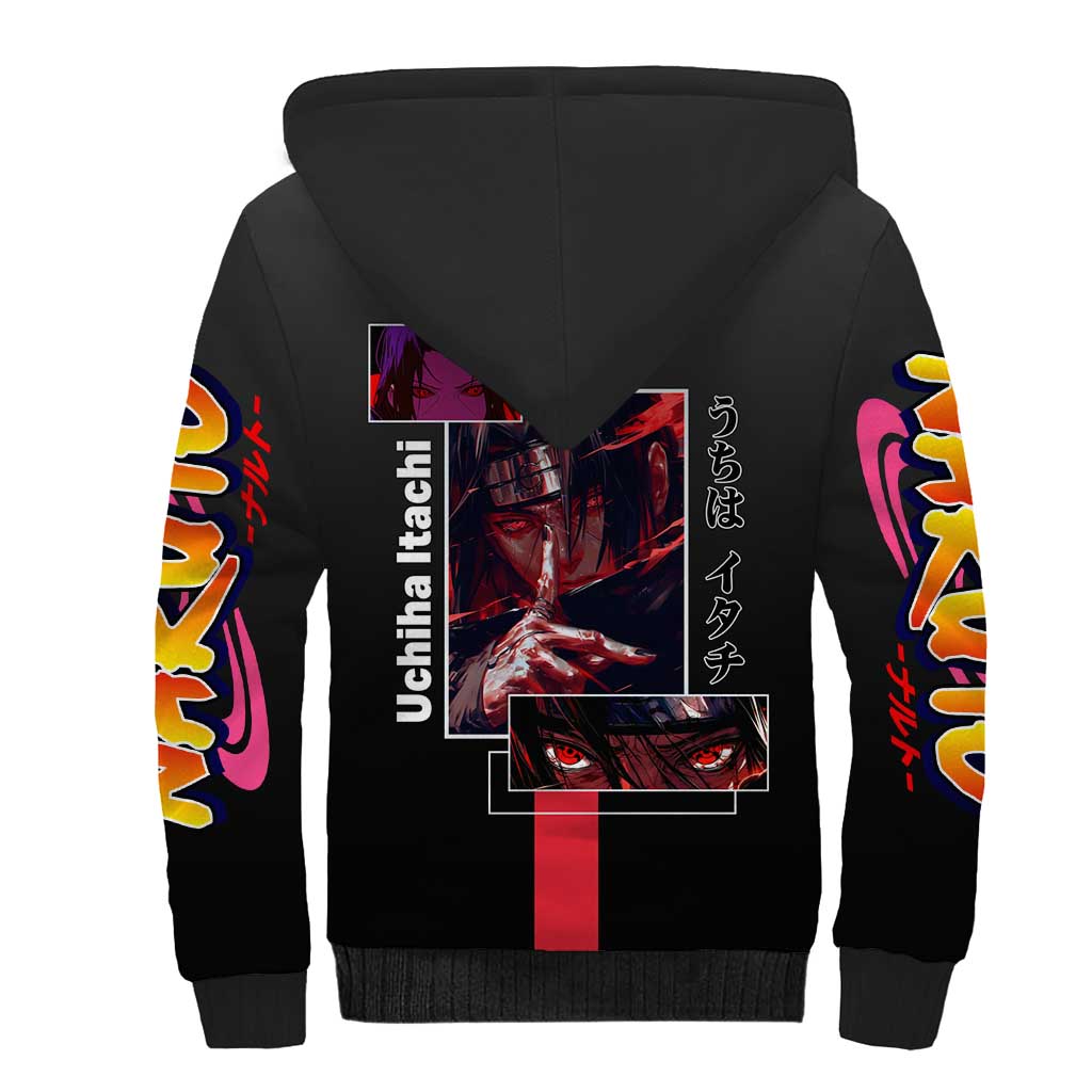 Itachi Uchiha Naruto Sherpa Hoodie with Sharingan Eyes and Mysterious Ninja Pose Design - The Mazicc