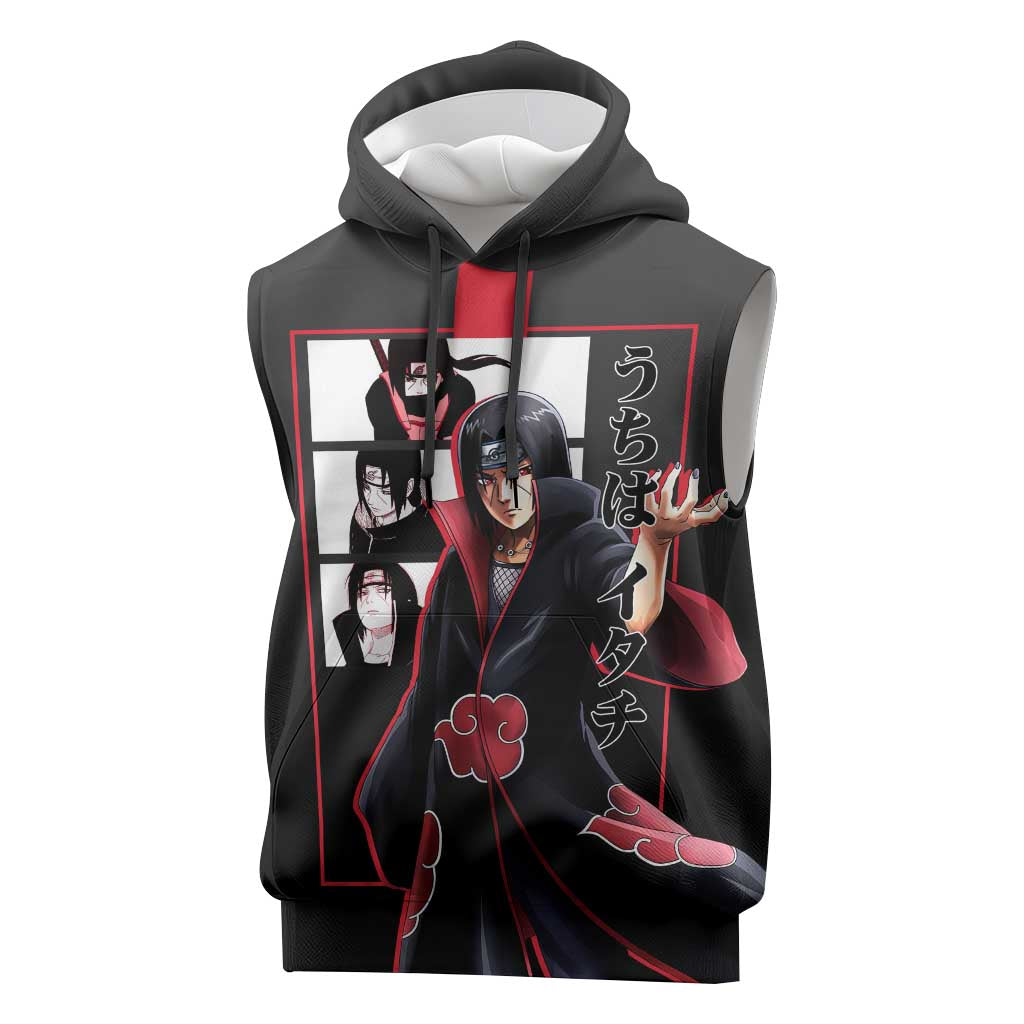 Itachi Uchiha Naruto Sleeveless Hoodie with Sharingan Eyes and Mysterious Ninja Pose Design - The Mazicc