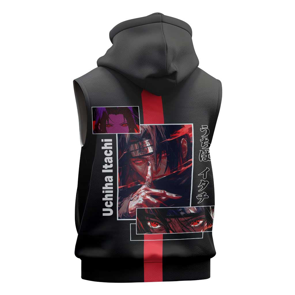 Itachi Uchiha Naruto Sleeveless Hoodie with Sharingan Eyes and Mysterious Ninja Pose Design - The Mazicc