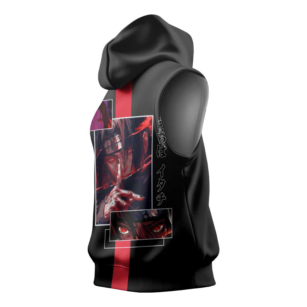 Itachi Uchiha Naruto Sleeveless Hoodie with Sharingan Eyes and Mysterious Ninja Pose Design - The Mazicc