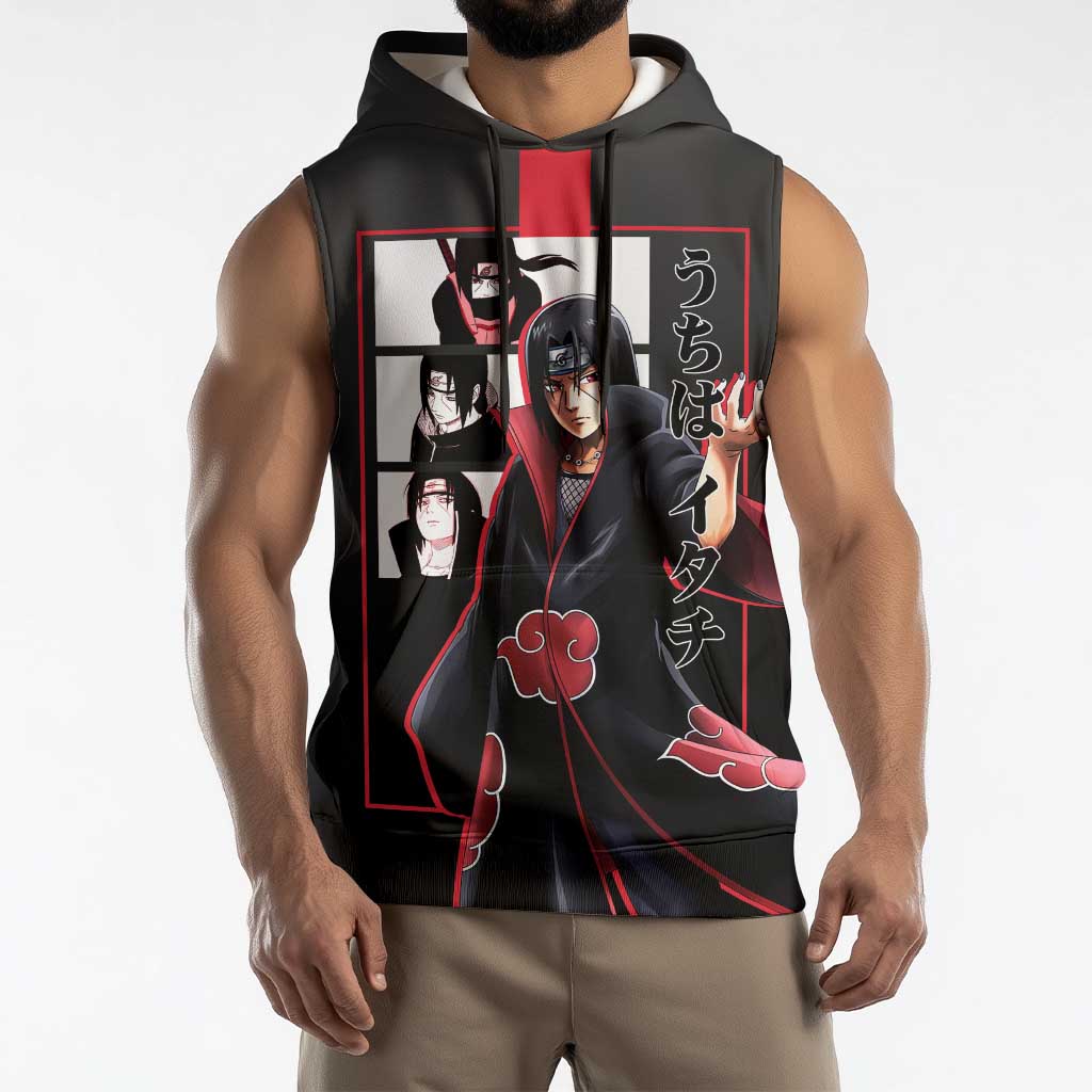 Itachi Uchiha Naruto Sleeveless Hoodie with Sharingan Eyes and Mysterious Ninja Pose Design - The Mazicc