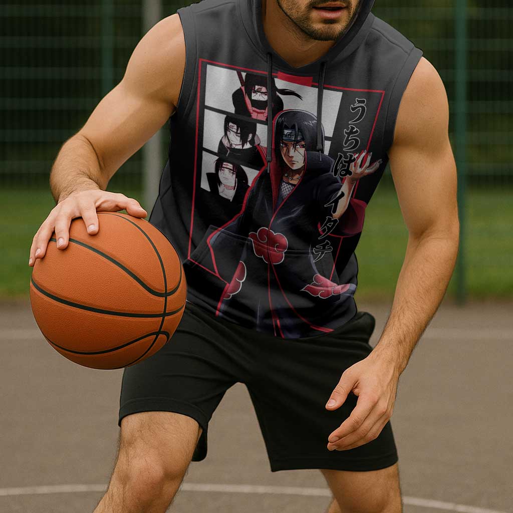 Itachi Uchiha Naruto Sleeveless Hoodie with Sharingan Eyes and Mysterious Ninja Pose Design - The Mazicc