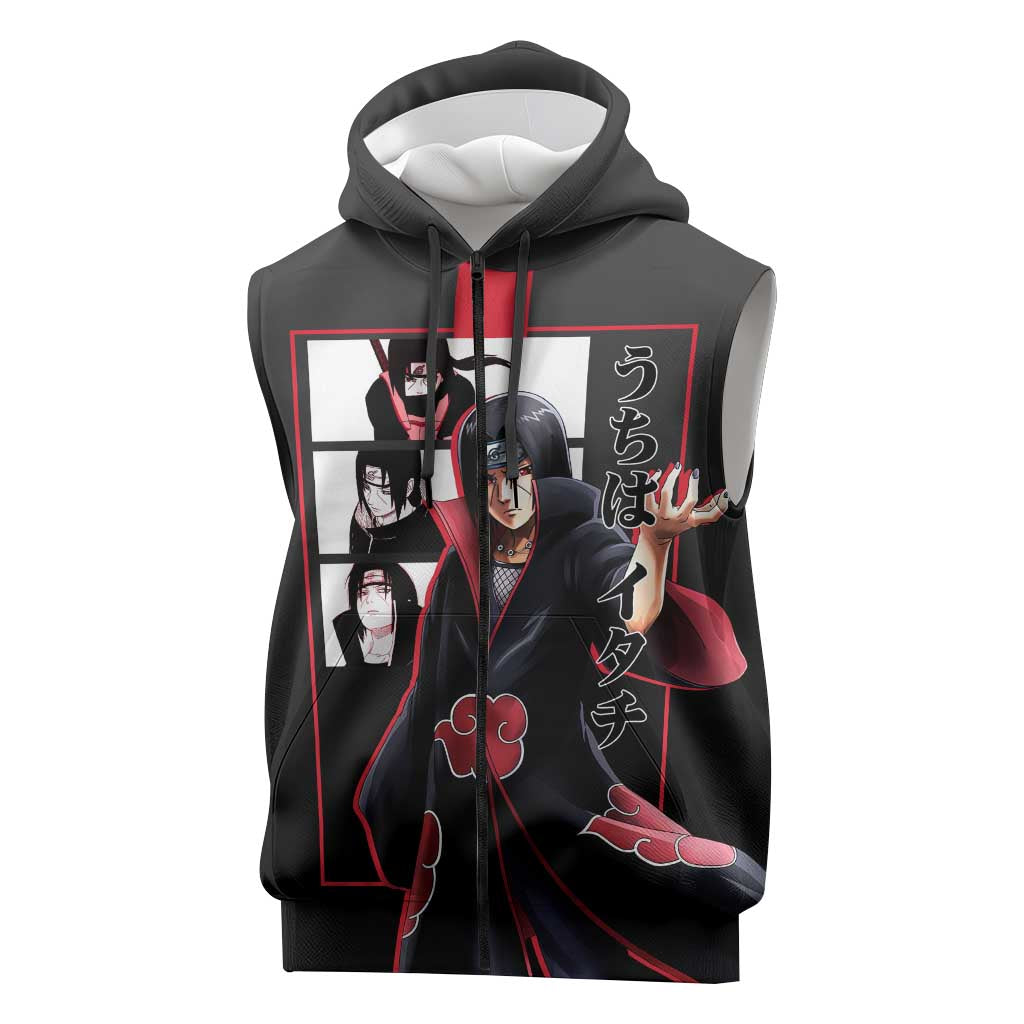 Itachi Uchiha Naruto Sleeveless Zip Hoodie with Sharingan Eyes and Mysterious Ninja Pose Design - The Mazicc