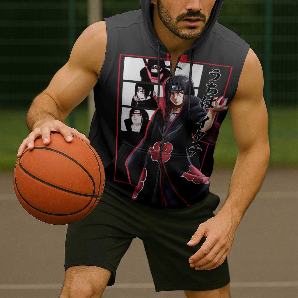 Itachi Uchiha Naruto Sleeveless Zip Hoodie with Sharingan Eyes and Mysterious Ninja Pose Design - The Mazicc