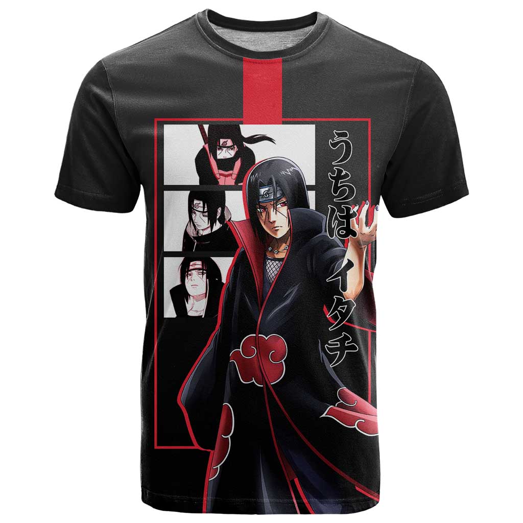 Itachi Uchiha Naruto T Shirt with Sharingan Eyes and Mysterious Ninja Pose Design - The Mazicc