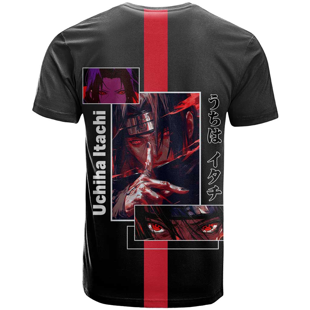 Itachi Uchiha Naruto T Shirt with Sharingan Eyes and Mysterious Ninja Pose Design - The Mazicc