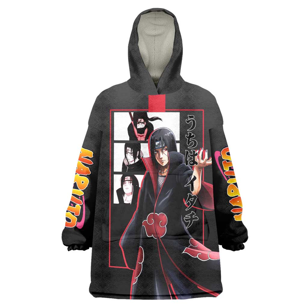 Itachi Uchiha Naruto Wearable Blanket Hoodie with Sharingan Eyes and Mysterious Ninja Pose Design - The Mazicc