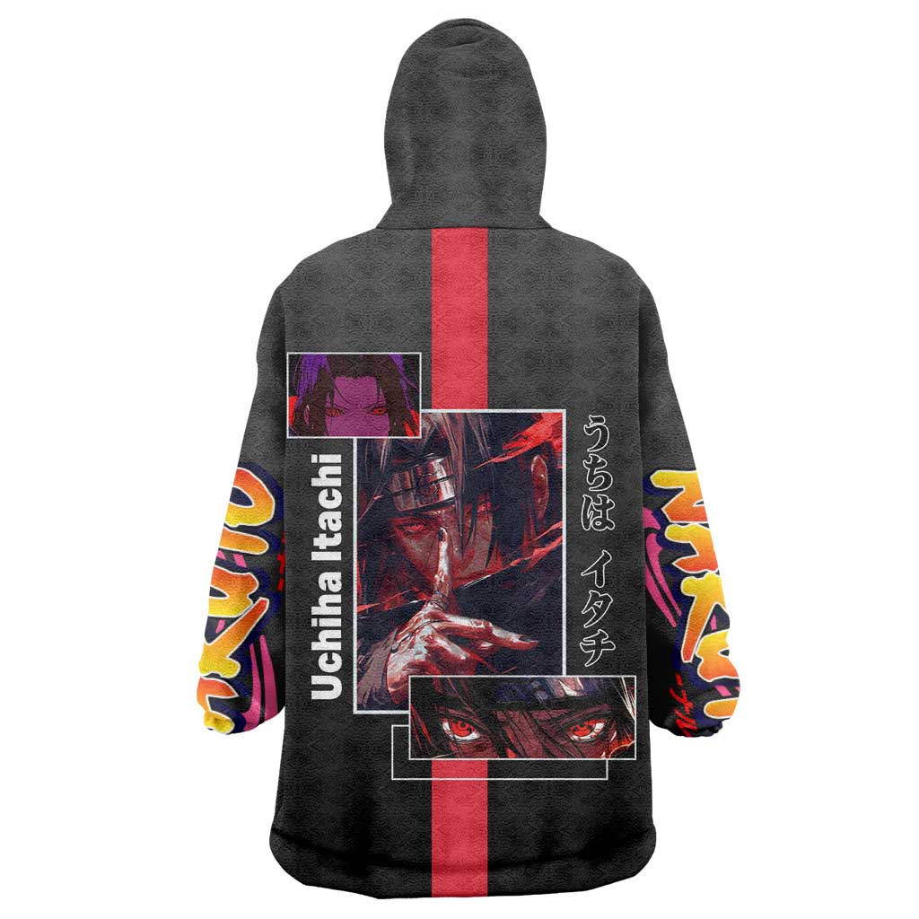 Itachi Uchiha Naruto Wearable Blanket Hoodie with Sharingan Eyes and Mysterious Ninja Pose Design - The Mazicc