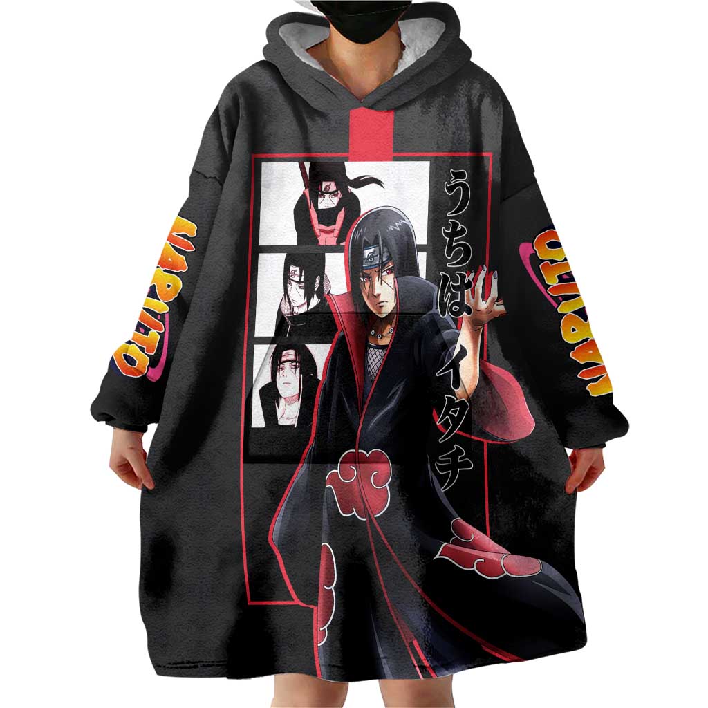 Itachi Uchiha Naruto Wearable Blanket Hoodie with Sharingan Eyes and Mysterious Ninja Pose Design - The Mazicc