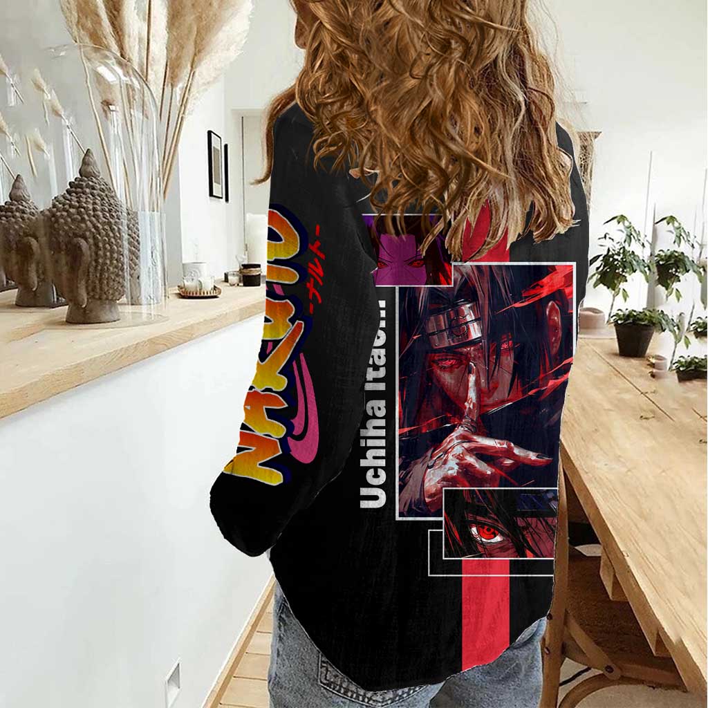 Itachi Uchiha Naruto Women Casual Shirt with Sharingan Eyes and Mysterious Ninja Pose Design - The Mazicc