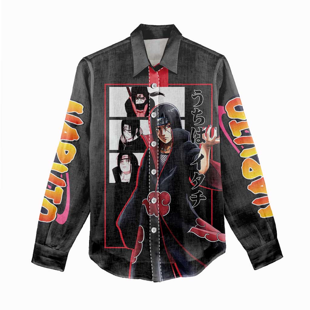 Itachi Uchiha Naruto Women Casual Shirt with Sharingan Eyes and Mysterious Ninja Pose Design - The Mazicc
