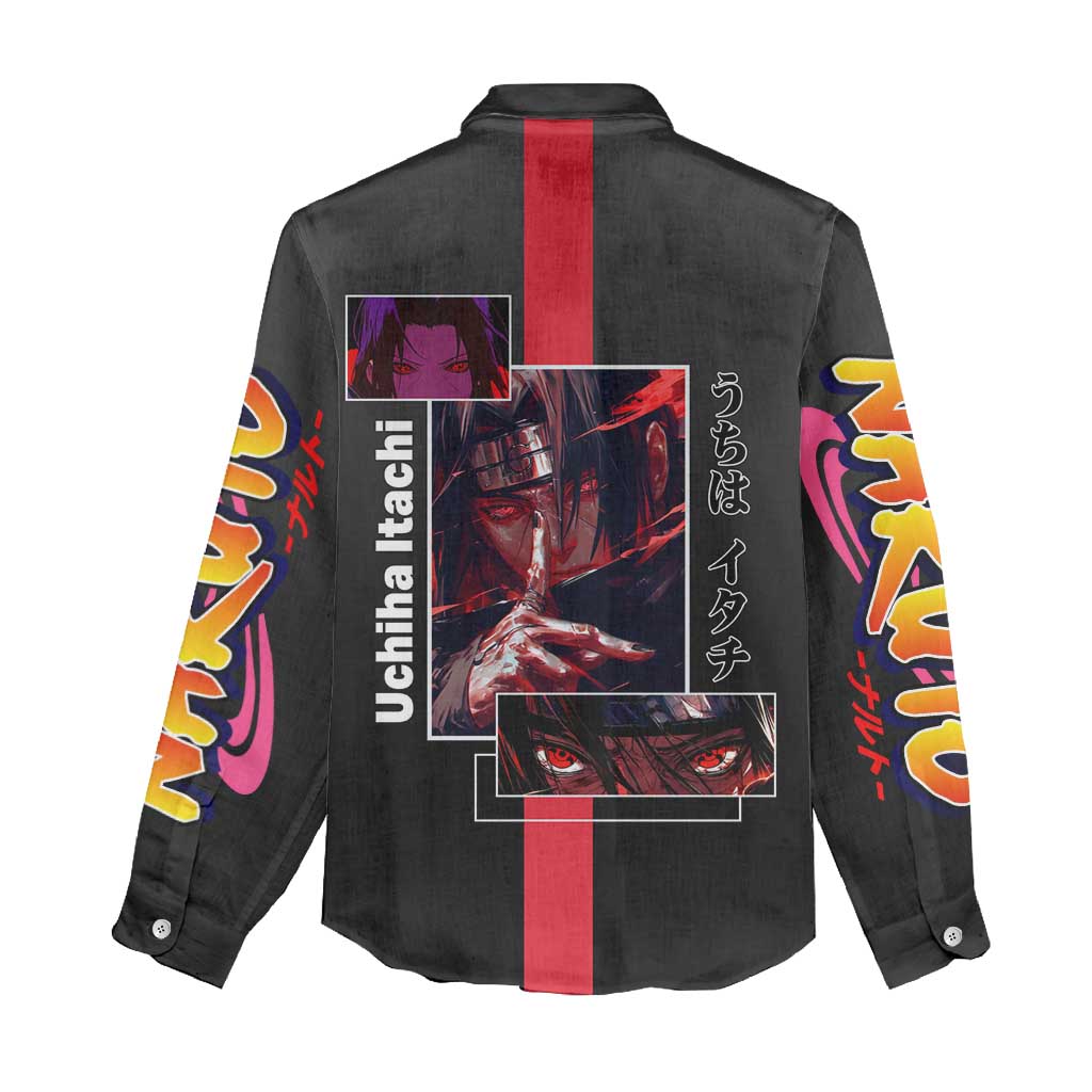 Itachi Uchiha Naruto Women Casual Shirt with Sharingan Eyes and Mysterious Ninja Pose Design - The Mazicc