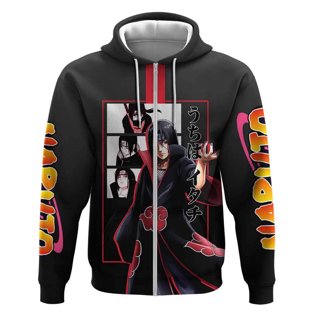 Itachi Uchiha Naruto Zip Hoodie with Sharingan Eyes and Mysterious Ninja Pose Design - The Mazicc
