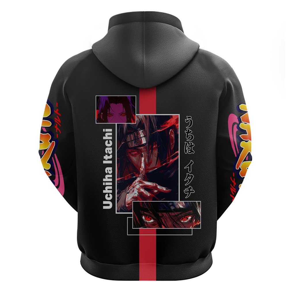 Itachi Uchiha Naruto Zip Hoodie with Sharingan Eyes and Mysterious Ninja Pose Design - The Mazicc