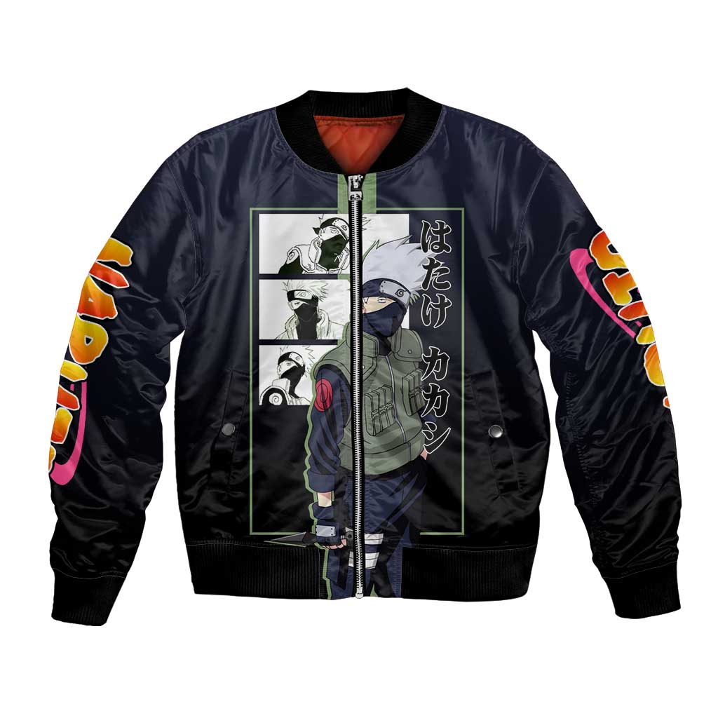 Kakashi Hatake Naruto Bomber Jacket with Sharingan Eye and Dynamic Ninja Pose Design - The Mazicc