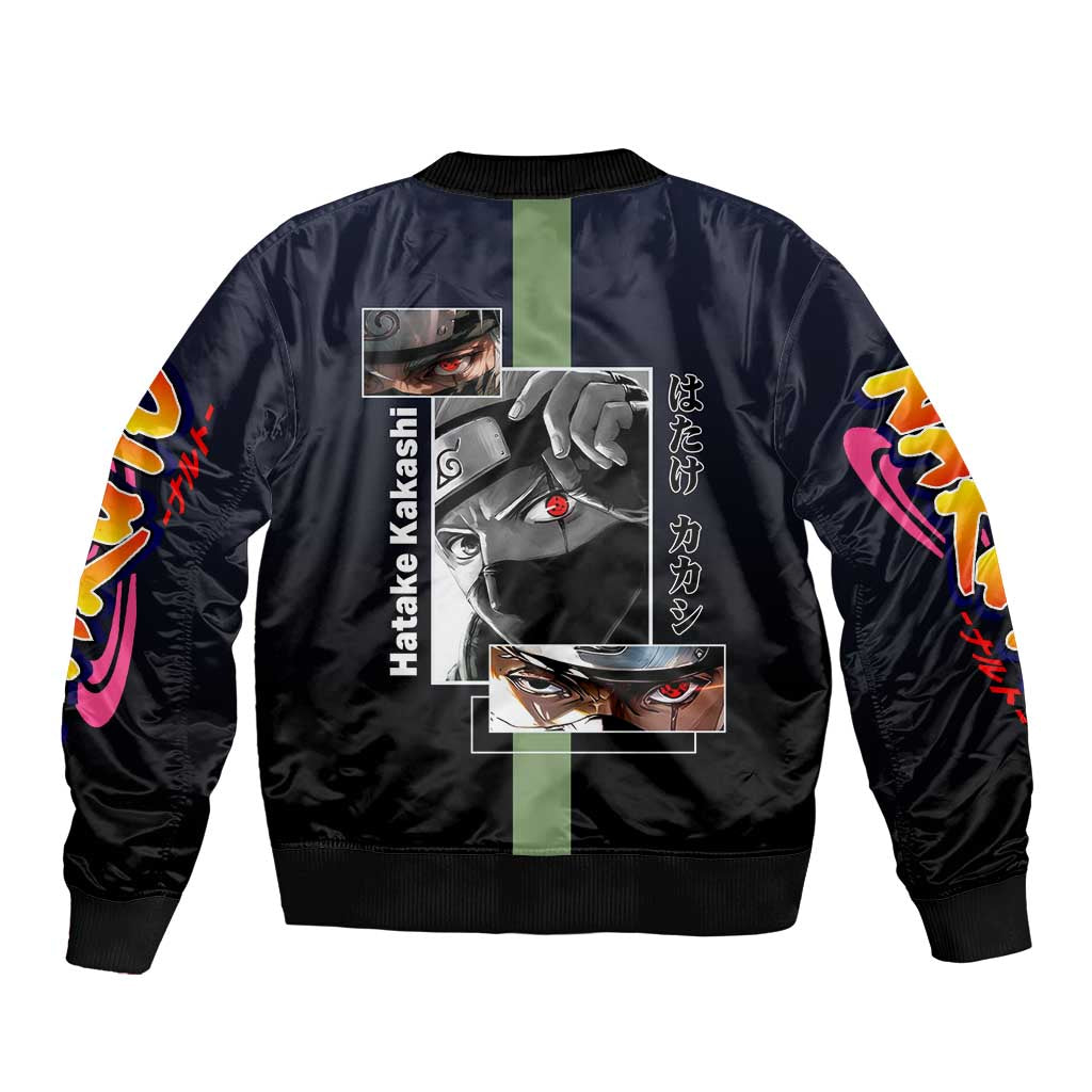 Kakashi Hatake Naruto Bomber Jacket with Sharingan Eye and Dynamic Ninja Pose Design - The Mazicc