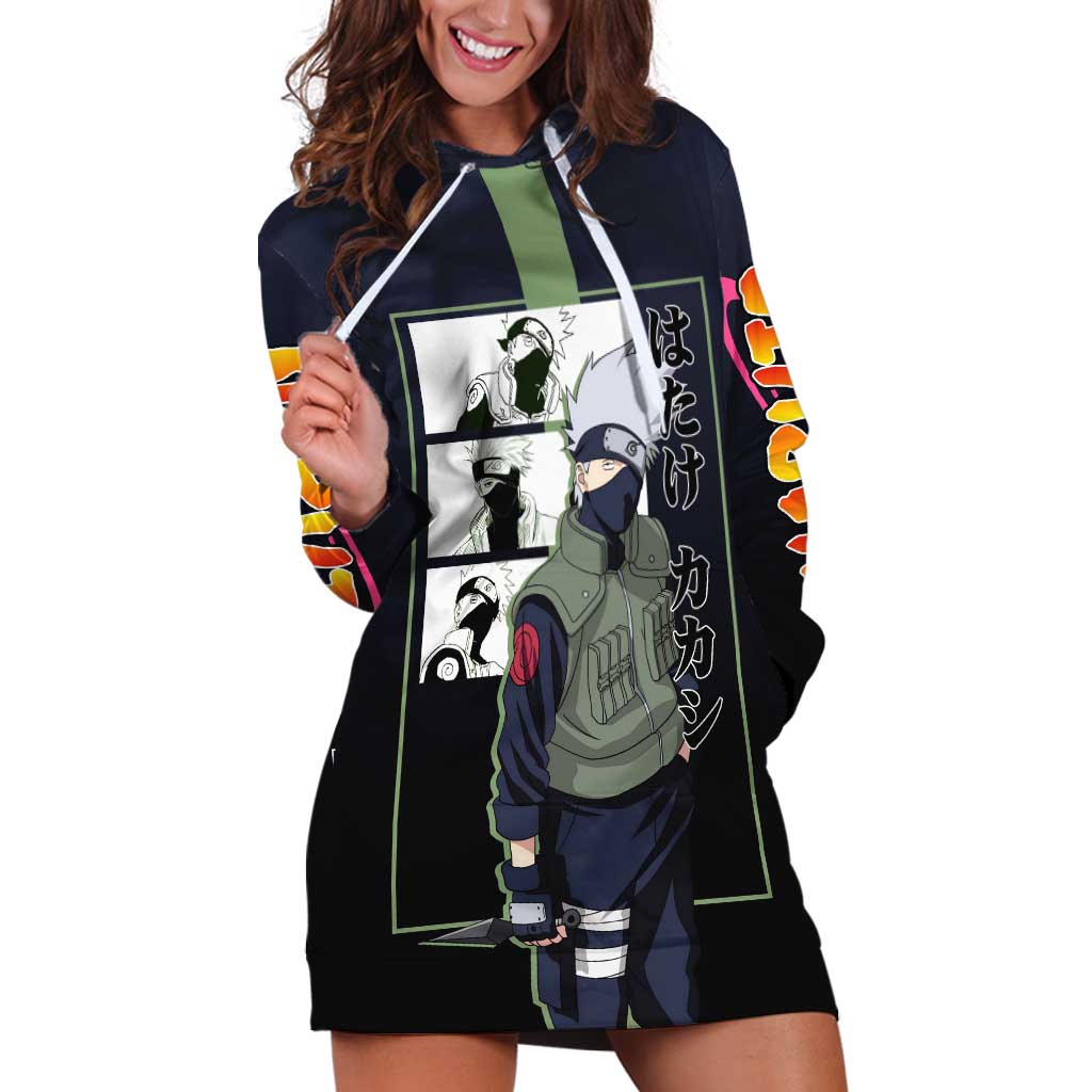 Kakashi Hatake Naruto Hoodie Dress with Sharingan Eye and Dynamic Ninja Pose Design - The Mazicc