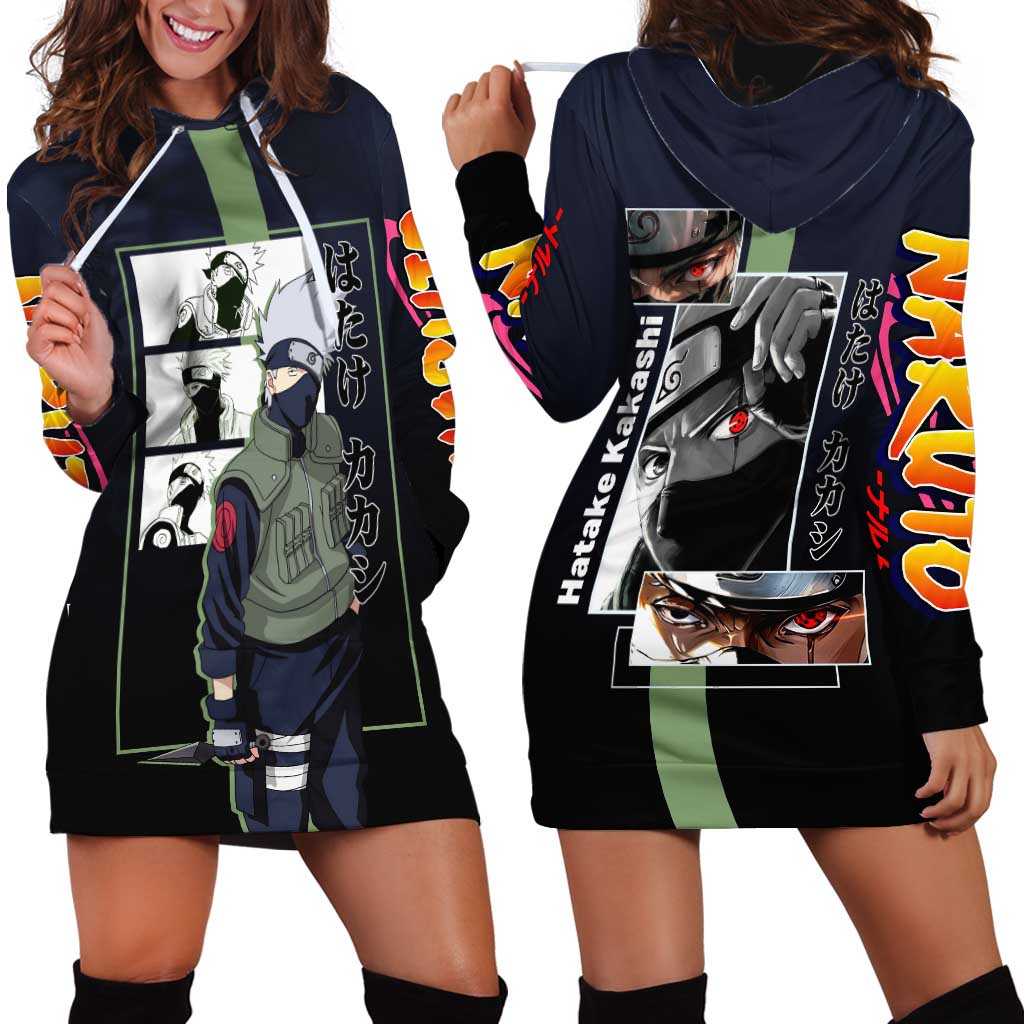 Kakashi Hatake Naruto Hoodie Dress with Sharingan Eye and Dynamic Ninja Pose Design - The Mazicc
