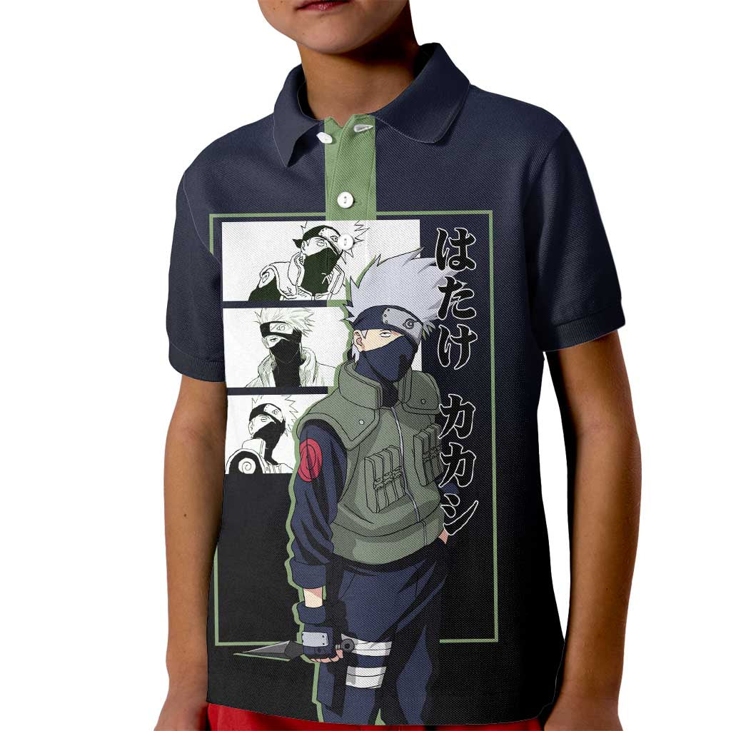Kakashi Hatake Naruto Kid Polo Shirt with Sharingan Eye and Dynamic Ninja Pose Design - The Mazicc