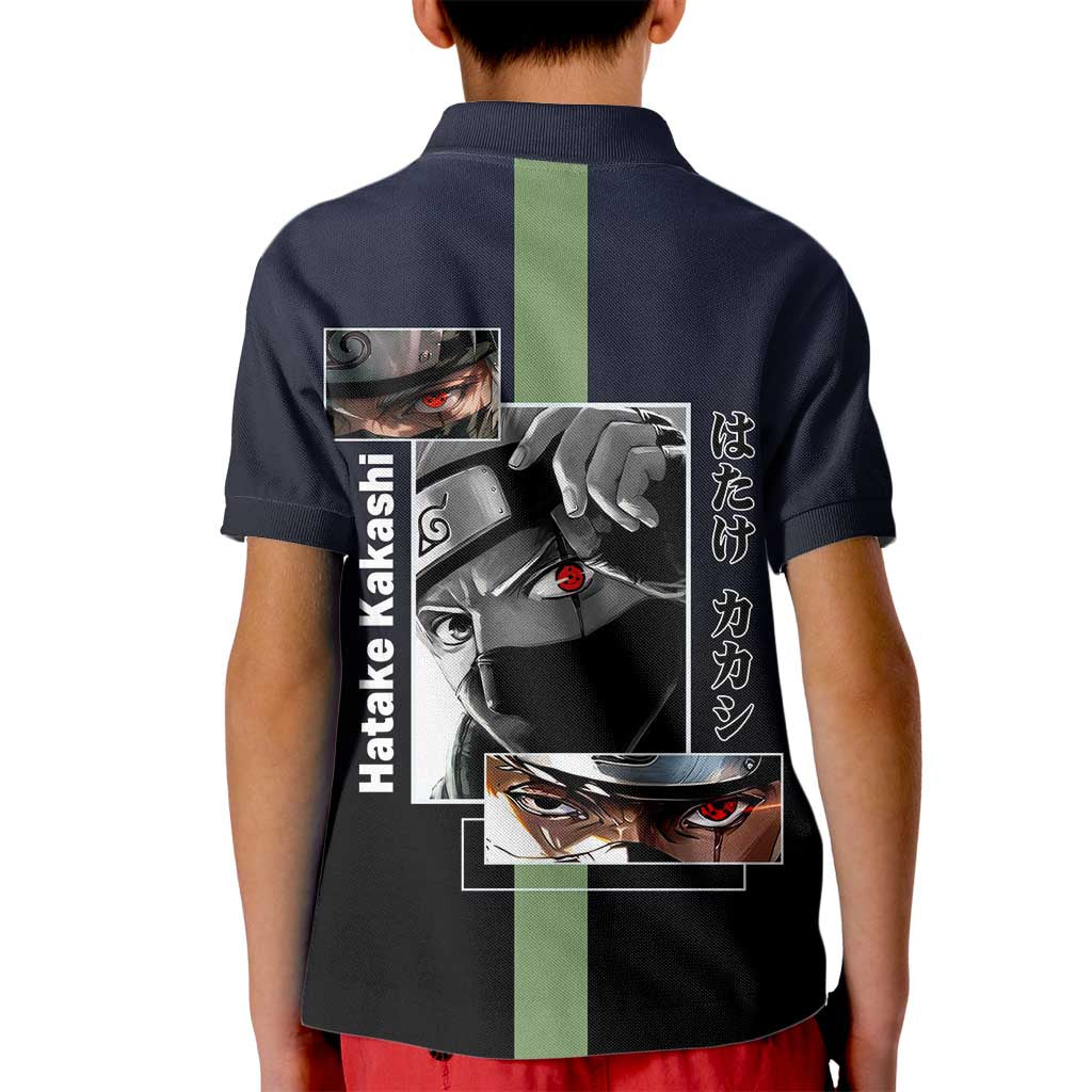 Kakashi Hatake Naruto Kid Polo Shirt with Sharingan Eye and Dynamic Ninja Pose Design - The Mazicc