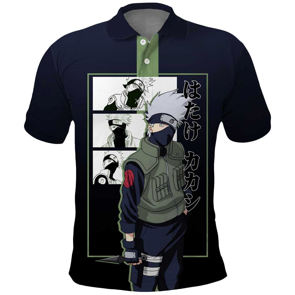 Kakashi Hatake Naruto Polo Shirt with Sharingan Eye and Dynamic Ninja Pose Design - The Mazicc