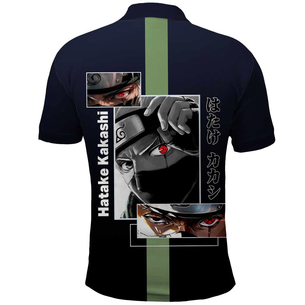 Kakashi Hatake Naruto Polo Shirt with Sharingan Eye and Dynamic Ninja Pose Design - The Mazicc