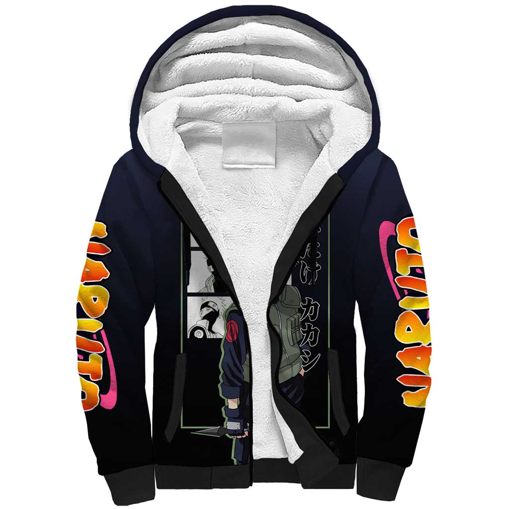 Kakashi Hatake Naruto Sherpa Hoodie with Sharingan Eye and Dynamic Ninja Pose Design - The Mazicc