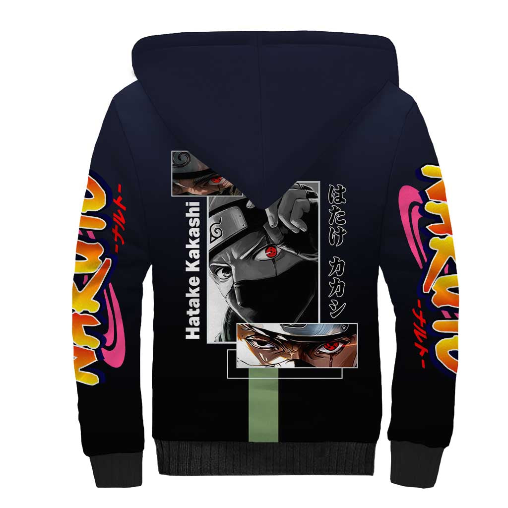 Kakashi Hatake Naruto Sherpa Hoodie with Sharingan Eye and Dynamic Ninja Pose Design - The Mazicc