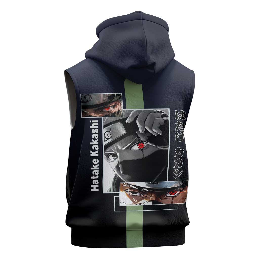 Kakashi Hatake Naruto Sleeveless Hoodie with Sharingan Eye and Dynamic Ninja Pose Design - The Mazicc