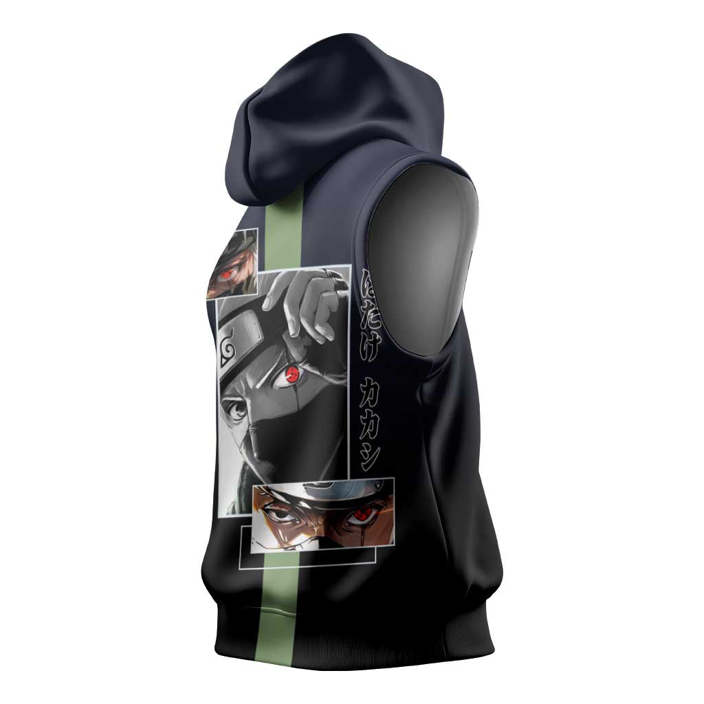 Kakashi Hatake Naruto Sleeveless Hoodie with Sharingan Eye and Dynamic Ninja Pose Design - The Mazicc