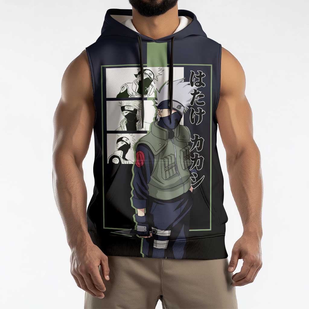 Kakashi Hatake Naruto Sleeveless Hoodie with Sharingan Eye and Dynamic Ninja Pose Design - The Mazicc