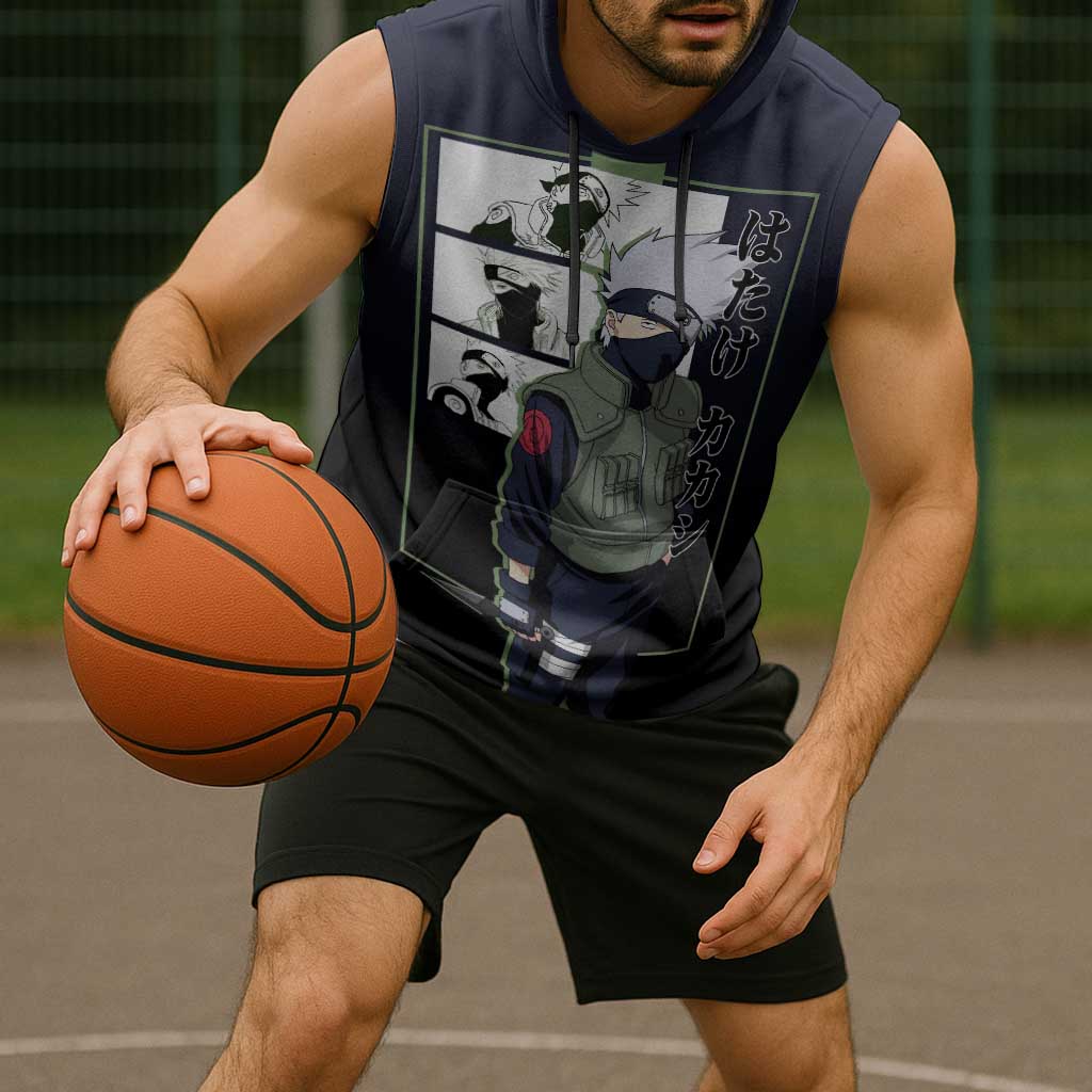 Kakashi Hatake Naruto Sleeveless Hoodie with Sharingan Eye and Dynamic Ninja Pose Design - The Mazicc