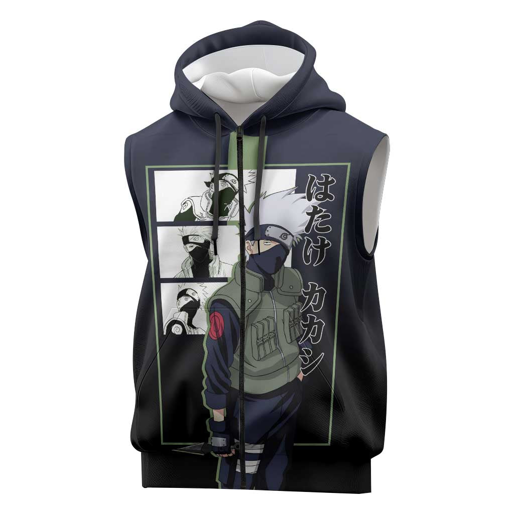 Kakashi Hatake Naruto Sleeveless Zip Hoodie with Sharingan Eye and Dynamic Ninja Pose Design - The Mazicc