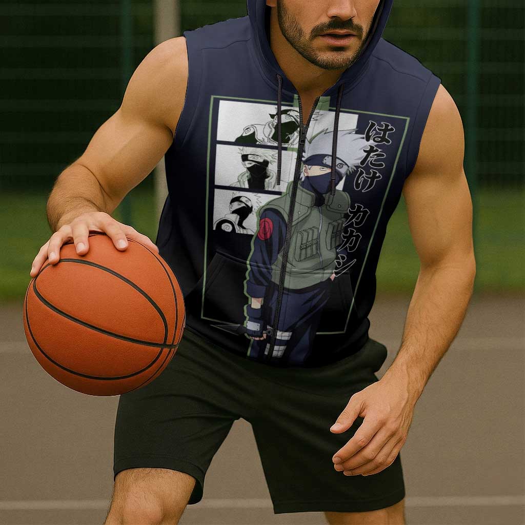 Kakashi Hatake Naruto Sleeveless Zip Hoodie with Sharingan Eye and Dynamic Ninja Pose Design - The Mazicc