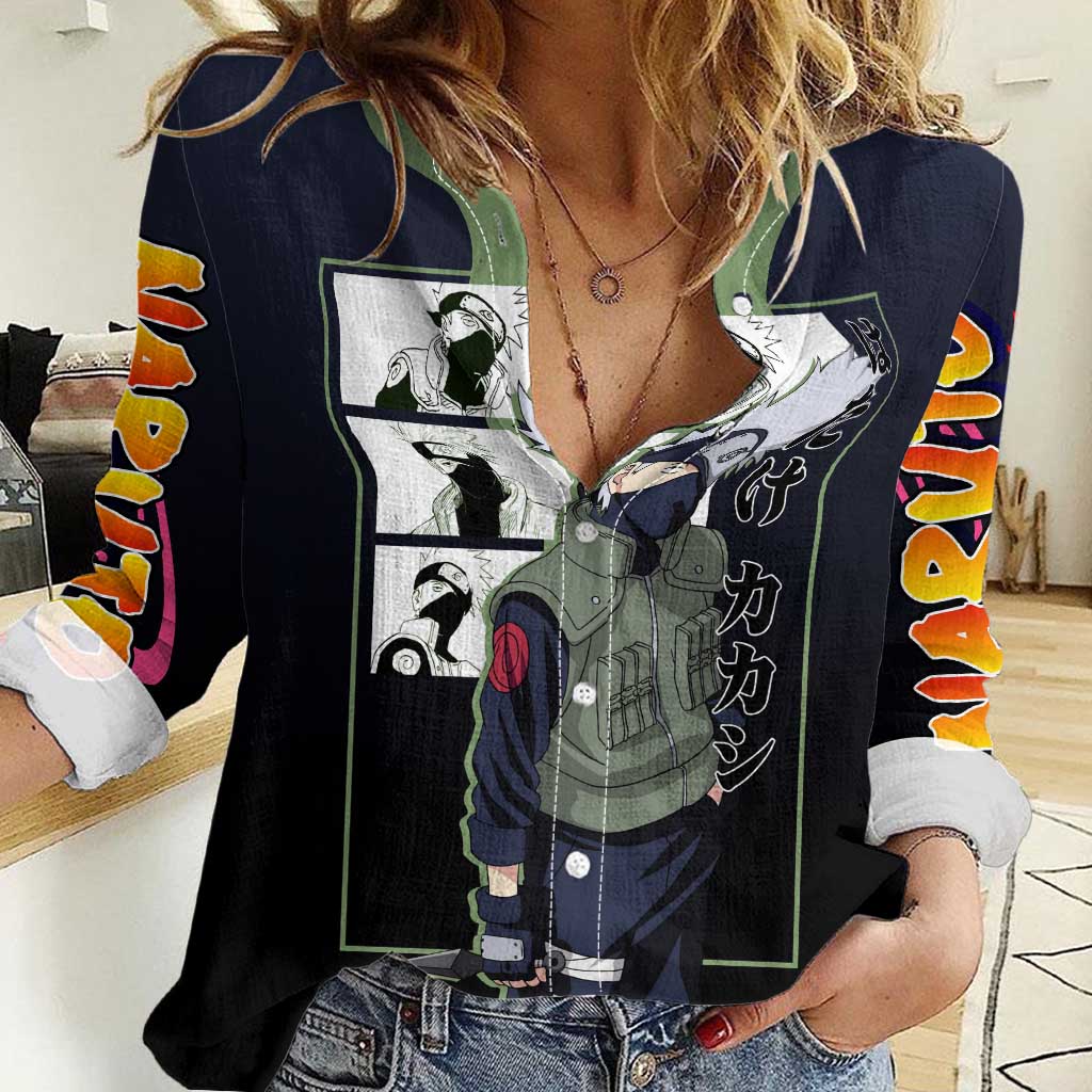 Kakashi Hatake Naruto Women Casual Shirt with Sharingan Eye and Dynamic Ninja Pose Design - The Mazicc