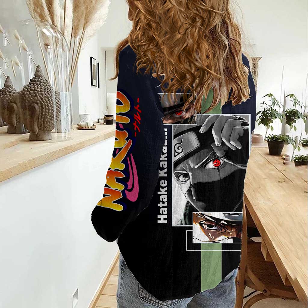 Kakashi Hatake Naruto Women Casual Shirt with Sharingan Eye and Dynamic Ninja Pose Design - The Mazicc