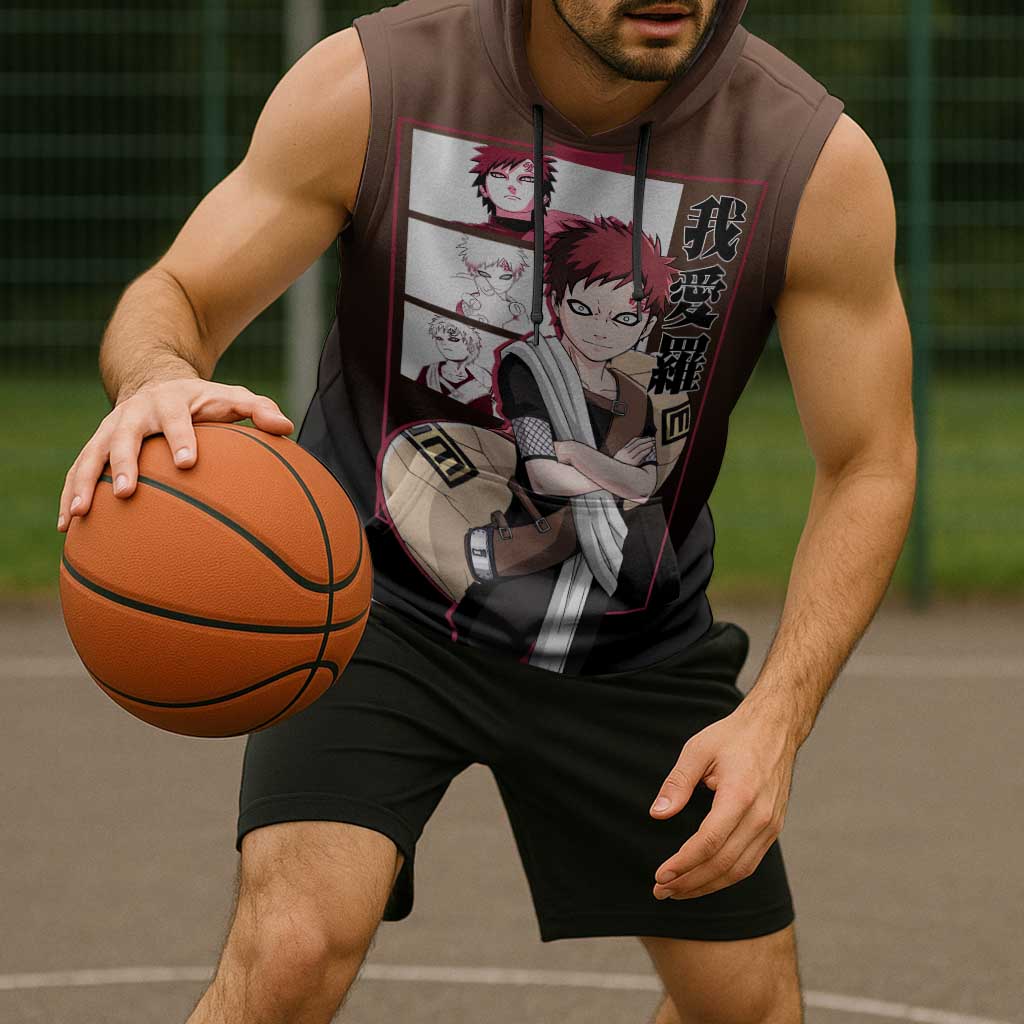 Gaara Naruto Sleeveless Hoodie Sand Powers and Fierce Battle Pose Design - The Mazicc