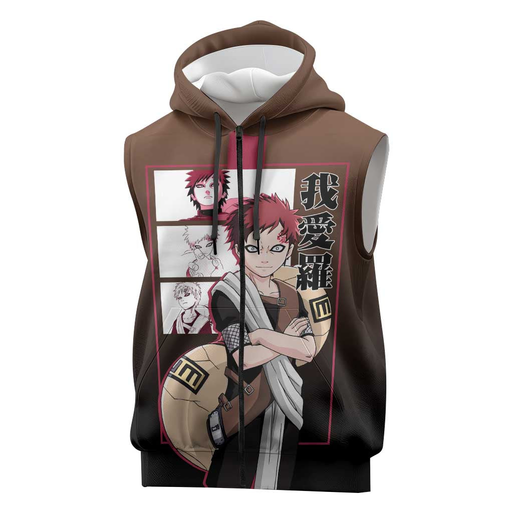 Gaara Naruto Sleeveless Zip Hoodie Sand Powers and Fierce Battle Pose Design - The Mazicc