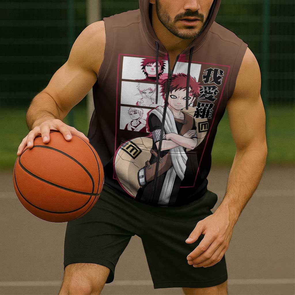 Gaara Naruto Sleeveless Zip Hoodie Sand Powers and Fierce Battle Pose Design - The Mazicc