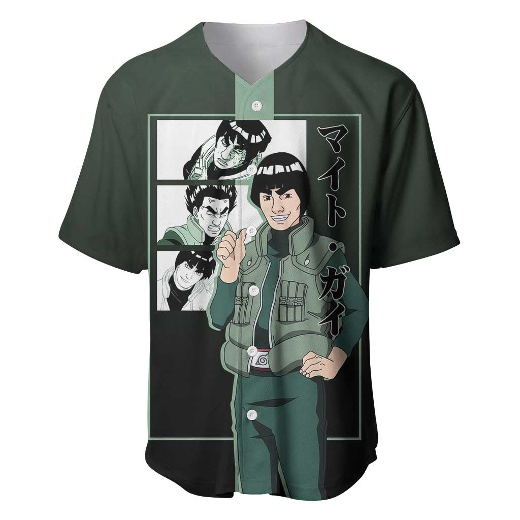 Might Guy Naruto Baseball Jersey with Green Jumpsuit and Energetic Taijutsu Pose Design - The Mazicc